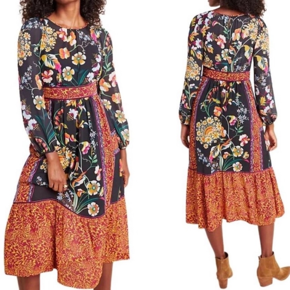 ANTHROPOLOGIE Adair Black Boho Floral Long Sleeve Chiffon Velvet Trim Midi Dress